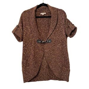 Brown Marled Cozy Buckle Front Sweater Vest Cardigan L Shawl Collar Short Sleeve